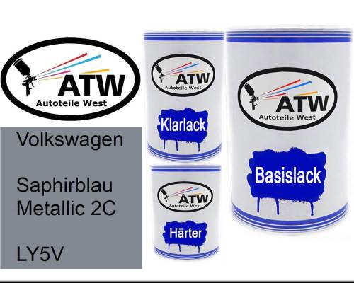 Volkswagen, Saphirblau Metallic 2C, LY5V: 500ml Lackdose + 500ml Klarlack + 250ml Härter - Set, von ATW Autoteile West.